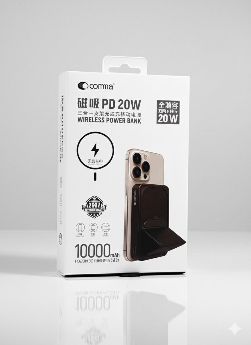 Comma™ 20W Magnetic Wireless Power Bank – 10000mAh | Fast Charging PD + MagSafe Stand